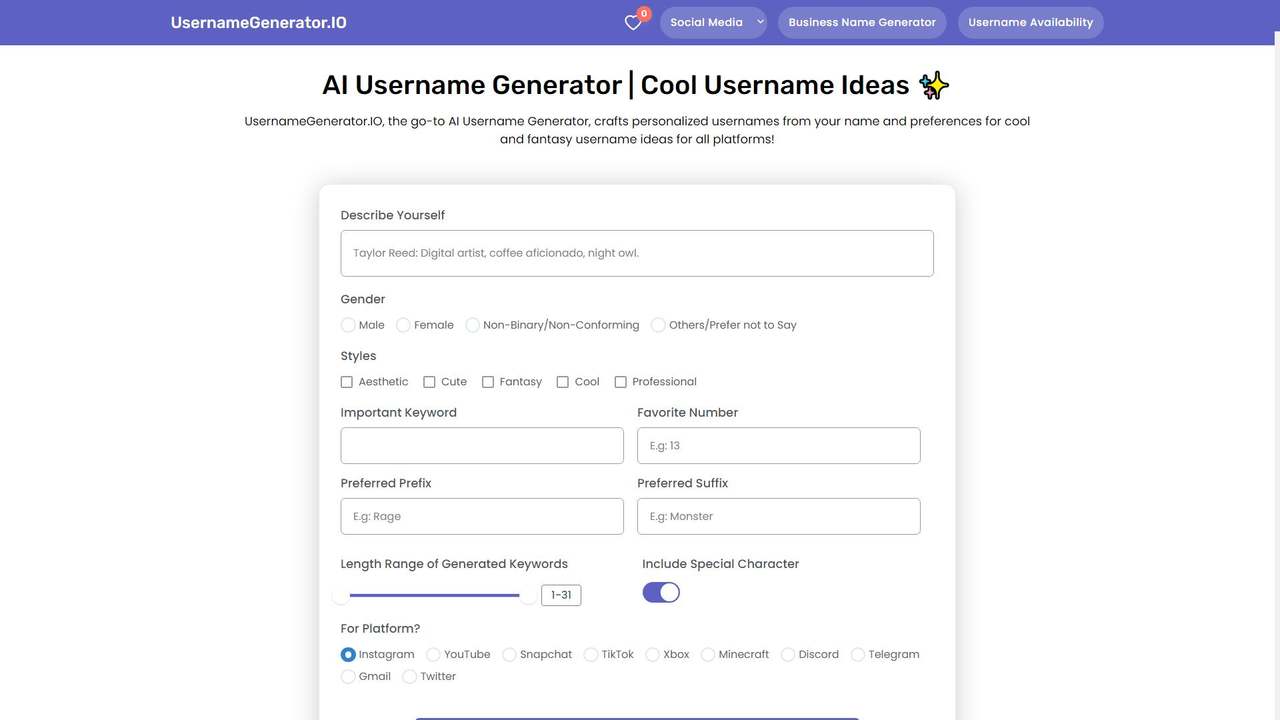 UsernameGenerator.IO 截图